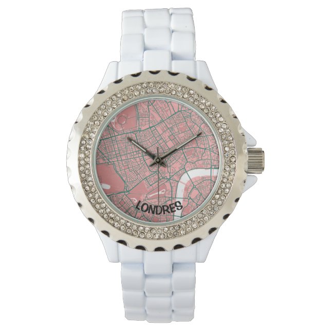 Relógio Reloj mapa minimalista de Londres  - Rosa-Verde (Frente)