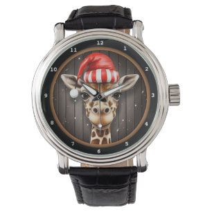 Relógio Retrato de Girafa Usando Chapéu de Natal