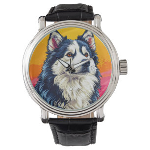 Relógio Retrato de Husky Elegante com Pôr do Sol Vibrante