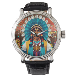 Relógio Retrato Poderoso Principal Americano Nativo