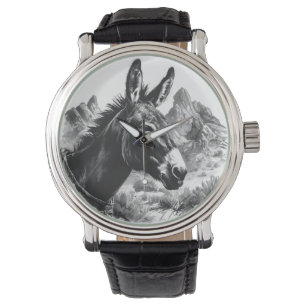 Relógio Retrato preto e branco de burro no deserto ocident