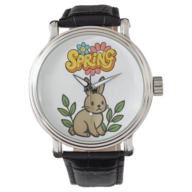 Relógio Retro 70s Spring Bunny Graphic Design (Frente)