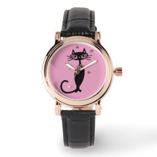 RELÓGIO RETRO BLACK CAT WOMENTE PIMK WRIST WATCH