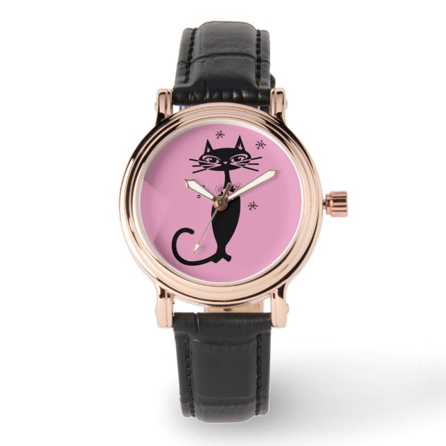 RELÓGIO RETRO BLACK CAT WOMENTE PIMK WRIST WATCH (Frente)