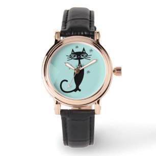RELÓGIO RETRO BLACK CAT WOMENTE WRIST WATCH AZUL
