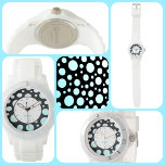 Relógio Retro Moderno Pontos Polka Azul Branco e Preto<br><div class="desc">Personalize este relógio polka-dots estilo divertido e divertido moderno com um nome ou seu próprio texto dentro da borda circular de círculos azul-turquesa e gradientes brancos a preto. Esta imagem é uma fotografia original de JLW_PHOTOGRAPHY.</div>