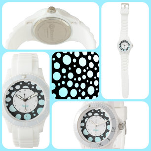 Relógio Retro Moderno Pontos Polka Azul Branco e Preto