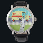 Relógio Retro Small Town Milkman Watch<br><div class="desc">Se você tem sede para um meio século moderno de design, este Retro Small Town Milkman Watch é para você! O estilo de 1960, design de arte minimalista, apresenta um fazer dedicado, milkman nas suas rondas matinais. O louro está vestindo calças brancas leitosas, camisa e chapéu com uma gravata de...</div>