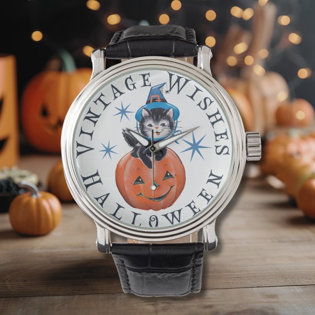 Relógio Retro Vintage Pumpkin Cat Halloween Desejos (Retro Vintage Pumpkin Cat Halloween Wishes Watch)