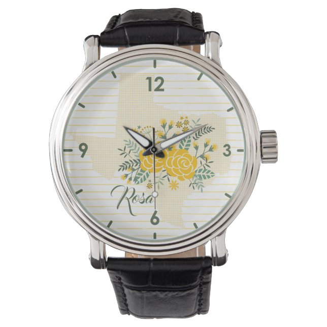 Relógio Rosa Amarela do Texas - Estado de Gingham com Rosa (Frente)