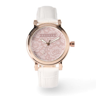 Relógio Rosa Bege Personalizado com Renda Floral Romântica