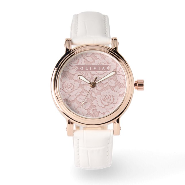 Relógio Rosa Bege Personalizado com Renda Floral Romântica (Frente)