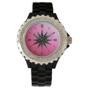 Relógio Rosa de bússola Onyx - fundo de quartzo rosa
