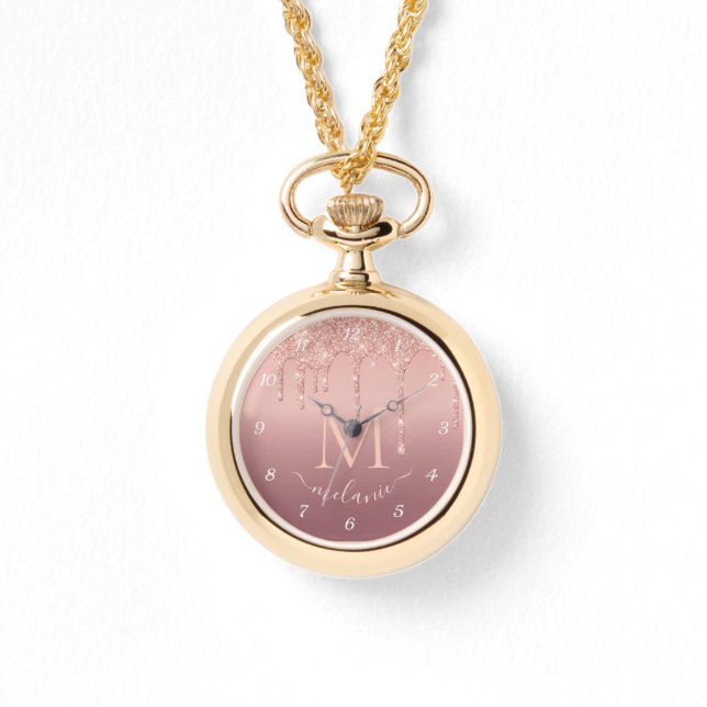 Relógio Rosa Dourado Glitter Watch com Carta de Nome Perso (Frente)