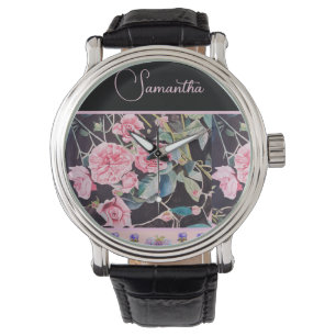Relógio Rosa Rosa Roxa Aquarela Vintage Personalizável