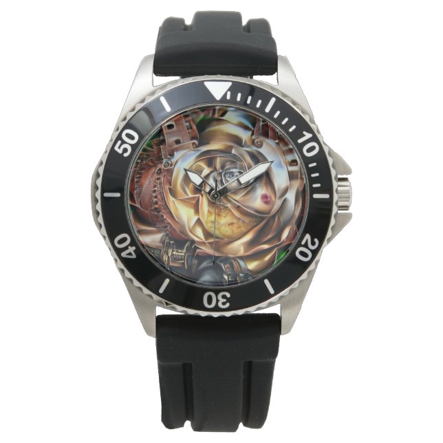 Relógio Rosa Steampunk com Face Surreal - Flor Mecânico (Frente)