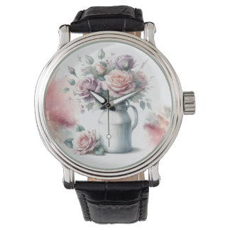 Relógio Rosas em Jarro de Leite em Estilo Vintage