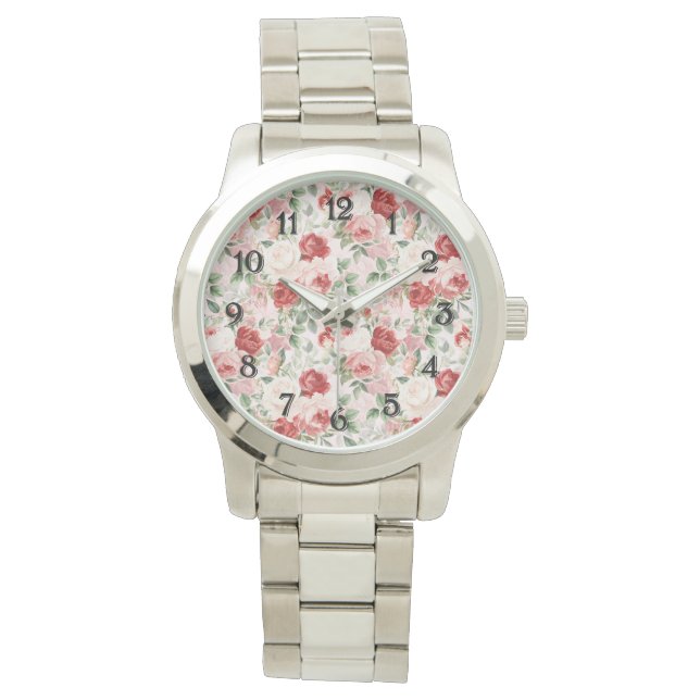 Relógio Rosas Florais Rosa Vermelho Creme (Frente)