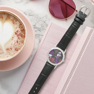 Relógio Rosas vermelhas de crânio de açúcar Roxo