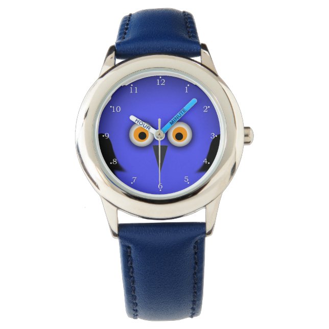 Relógio Rosto de Coruja Azul Engraçado (Frente)