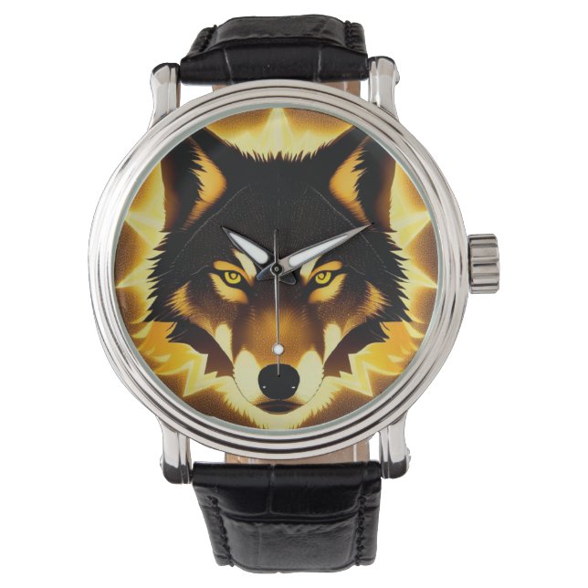Relógio Rosto de Lobo Radiante Iluminado por Luz Dourada (Frente)