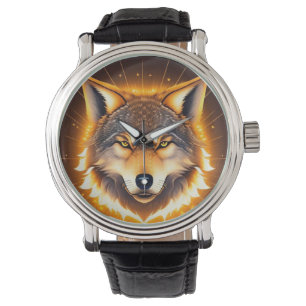 Relógio Rosto de Lobo Radiante Iluminado por Luz Dourada