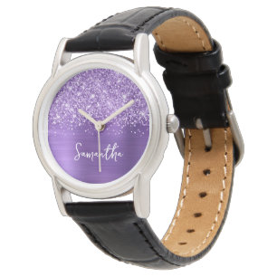 Relógio Roxo ametista cintilante Glam Branco Nome