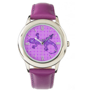 Relógio Roxo violeta e amethyst do geco tribal do batik -