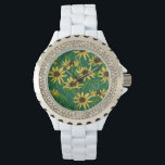 Relógio Rudbekia amarela em verde escuro<br><div class="desc">Padrão do vetor pintado à mão com flores amarelas da rudbekia</div>