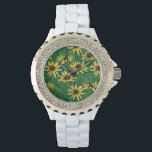 Relógio Rudbekia amarela em verde escuro<br><div class="desc">Padrão do vetor pintado à mão com flores amarelas da rudbekia</div>