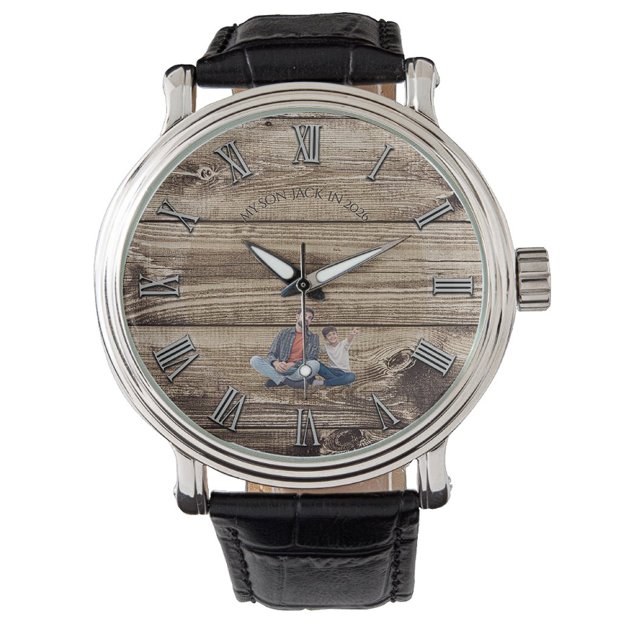 Relógio Rustic Wood Custom Photo Silver Numerals Watch (Criador carregado)