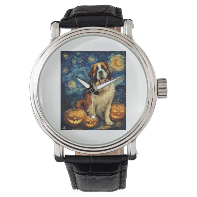 Relógio Saint Bernard Cute Dog Halloween Jack O Lantern Pu (Frente)