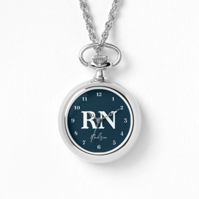 Relógio Script Branco Azul Marinho RN Enfermeiro Personali (Frente)