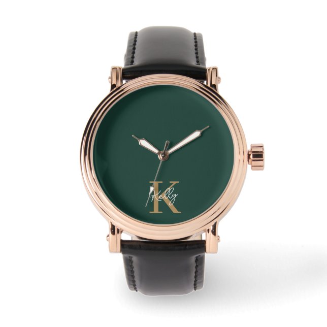 Relógio Script Dourado Monograma do Emerald Green moderno (Frente)