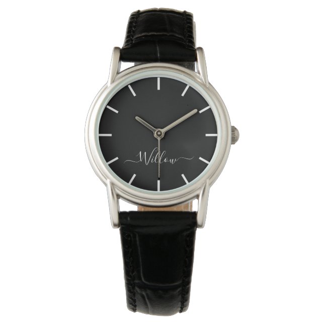 Relógio Script Personalizado Signature Black Leather watch (Frente)