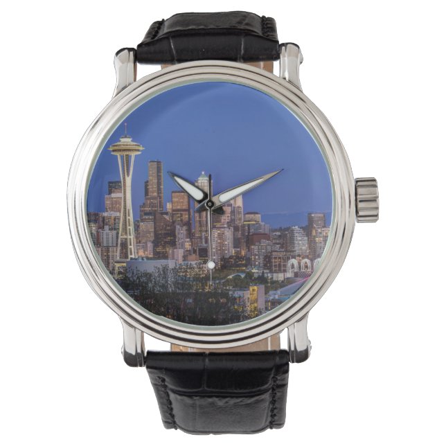 Relógio Seattle, Centro e o Monte Rainier em Twilight (Frente)