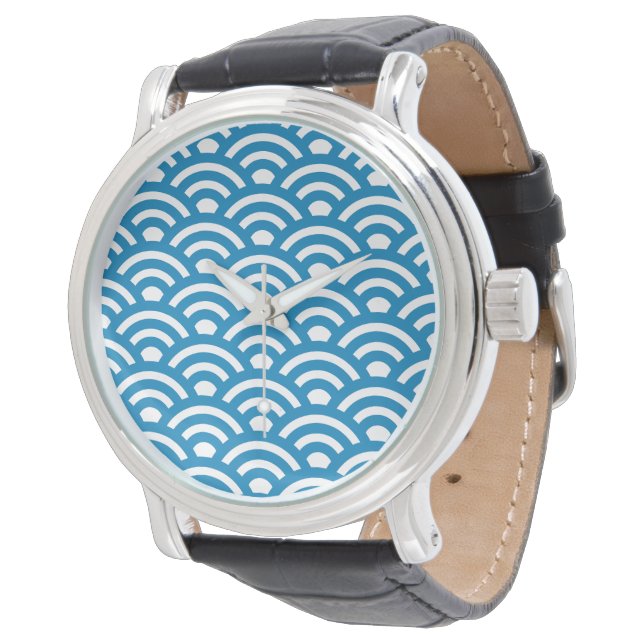 Relógio Seigaiha, Ondas, Japonês, Azul e Branco (Angular)