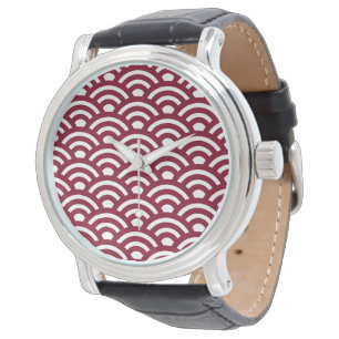 Relógio Seigaiha, Ondas, Japonês, Burgundy e Branco