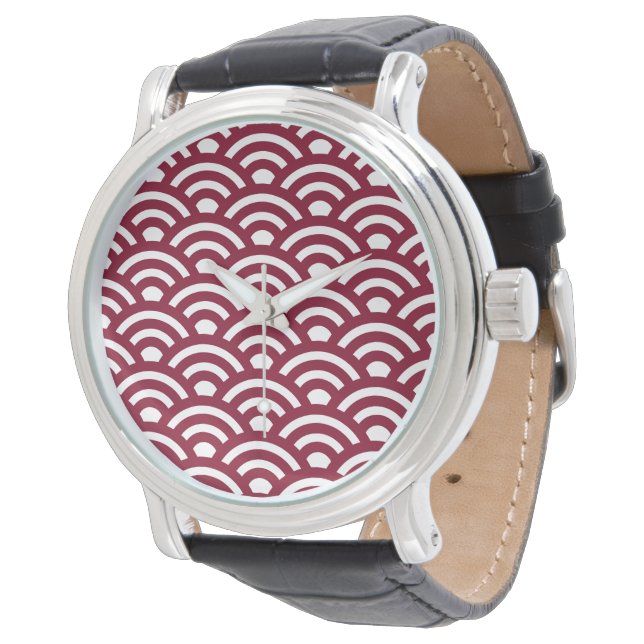 Relógio Seigaiha, Ondas, Japonês, Burgundy e Branco (Angular)