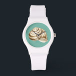Relógio Sepia Striped Shell em Teal<br><div class="desc">Megan Meagher é conhecida por suas simples peças de arte. Esta é uma imagem excelente da arte decorativa capturando a vida marinha com uma casca de sepia de concha listrada. Obtenha este impressão de arte hoje em dia em cor real no seu produto Zazzle.</div>