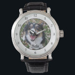 Relógio Seu Monograma Personalizado de Foto de Cachorro Fo<br><div class="desc">Personalize com a fotografia do seu próprio cão neste relógio personalizado do proprietário de animais de estimação e personalize com o seu nome no fundo. Um belo presente personalizado de relógio de pulso para um dono de cachorro ou gato imortalizar seu amor. Bordado em branco com números negros.</div>