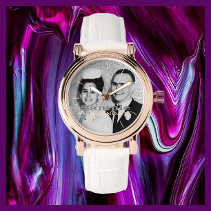 Relógio Seu nome de foto, Rosa, Dourado, Banda branco, pul