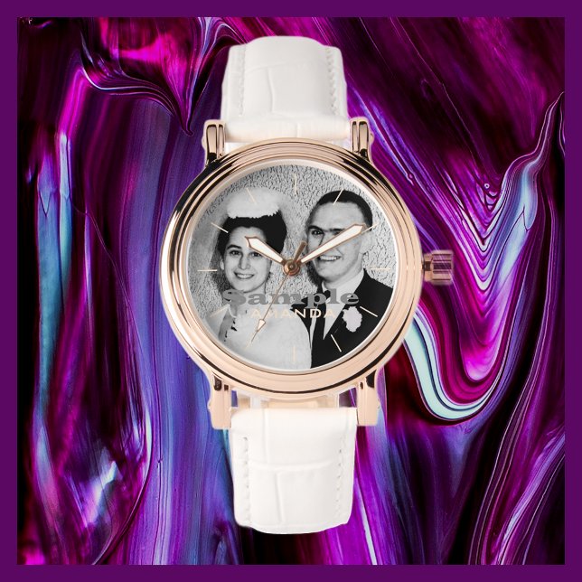 Relógio Seu nome de foto, Rosa, Dourado, Banda branco, pul (Criador carregado)