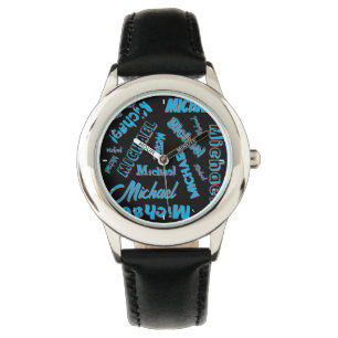 Relógio Seu nome é padrão monograma azul preto