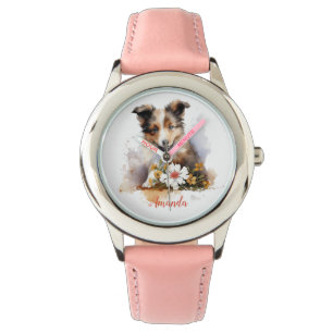 Relógio Shetland Sheepdog Puppy Pet Watercolor Fllower