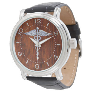 Relógio Silver Como Caduceus Símbolo Médico Mahogany Dial