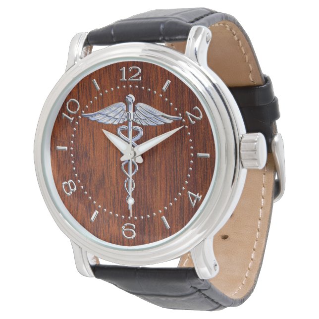 Relógio Silver Como Caduceus Símbolo Médico Mahogany Dial (Angular)