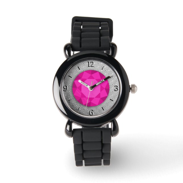 Relógio Silver Damask com uma gema turmalina rosa falsa (Frente)