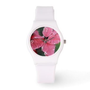 Relógio Silver Star Marble Poinsettias Feriado Rosa Floral