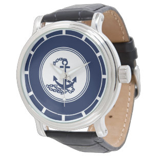 Relógio Símbolo de Âncora Náutica Azul e Branco Estilo